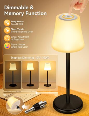 LED настільна лампа акумуляторна 2 шт, біла, IP54, диммування, сенсорне управління, для ресторанів, спальні