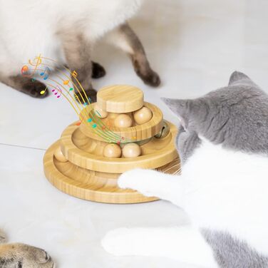 Cat Toy Self-Entertainment, Interactive Bamboo Cat Toy THREE Tiers Rotating Smart Track Ball Swing Roller with Bells