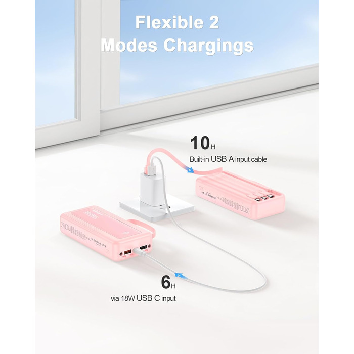 Повербанк 27000mAh з 4 вбудованими кабелями, 30W Power Bank USB-C швидка зарядка з LED-дисплеєм для iPhone, Samsung, iPad та Android, рожевий