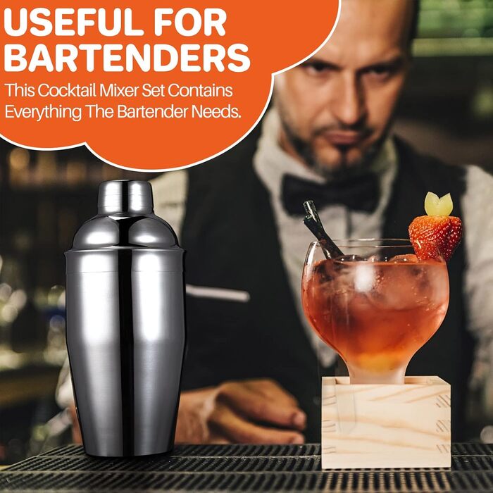 FUNYKICH Cocktail Shaker Set with Stand, 22pcs Stainless Steel Cocktail Shaker Set: 750ml Cocktail Shaker, Measuring Cups, Muddler, Spoon, Strainer, Jigger, Ice Tongs, Bottle Opener, Bar Measure; Bar Accessories Gift