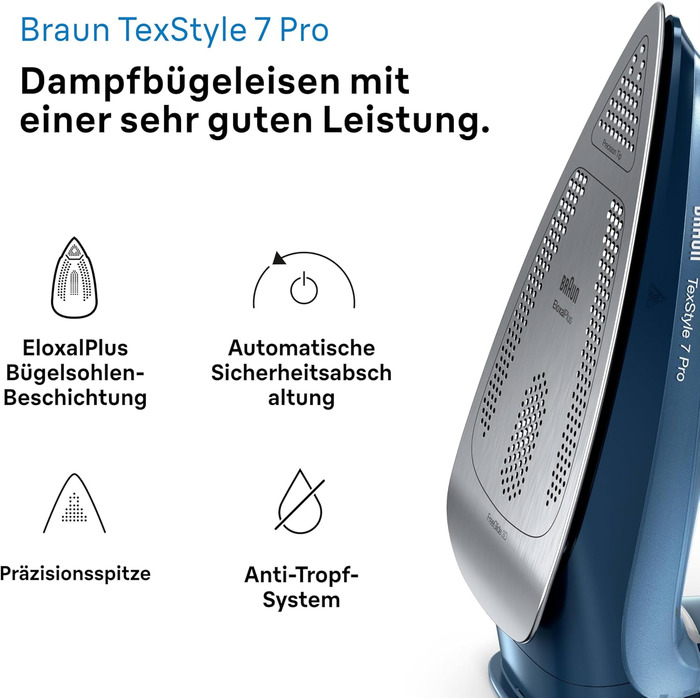 Праска з парою Braun TexStyle 7 Pro SI 7160 BL - Freeglide 3D підошва, вертикальний пар, 3000 Вт, блакитна