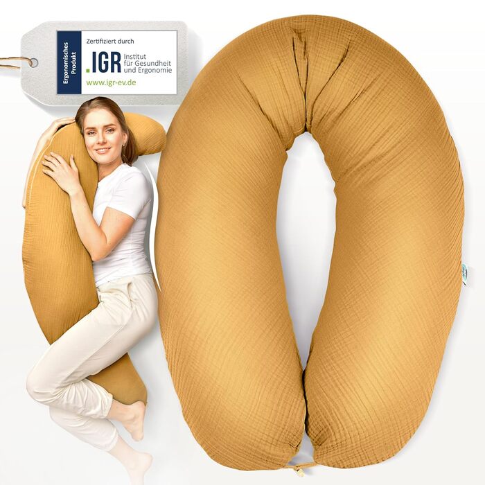 Подушка для годування sei Design XXL 190x30 з мусліновою наволочкою, ергономічна, для вагітних, для сну на боці, комфортна подушка для дорослих, наволочка з 100% бавовни [органічна бавовна] (Муслін Бернштайн, подушка для годування 190x30)