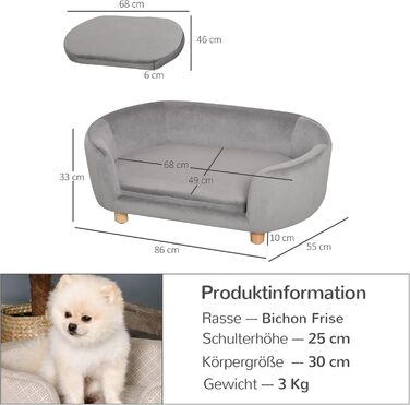 PawHut Софа для домашніх тварин: ліжко для собак та котів з голландського оксамиту, піна, ніжки з берези, 86 x 55 x 33 см, світло-сіра