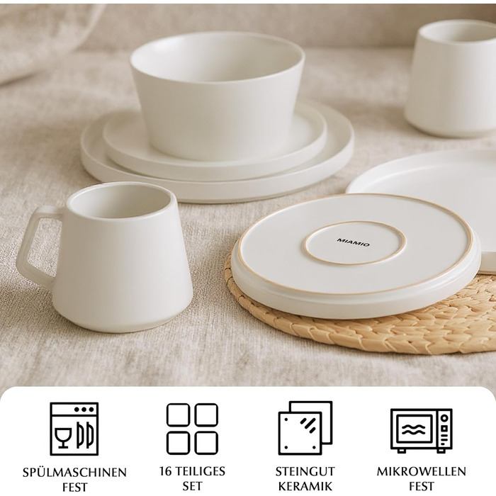 Набір посуду Miamio на 8 осіб (24 елементи) – сучасний сервіз з кераміки, білий, для посудомийної машини та мікрохвильової печі, колекція Luxe