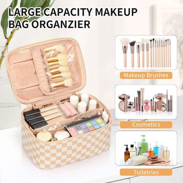 Косметичка для жінок, велика сумка для макіяжу, дорожня косметичка-вояж, косметична сумка для подорожей з ручкою та роздільниками (A-шахова, хакі)
