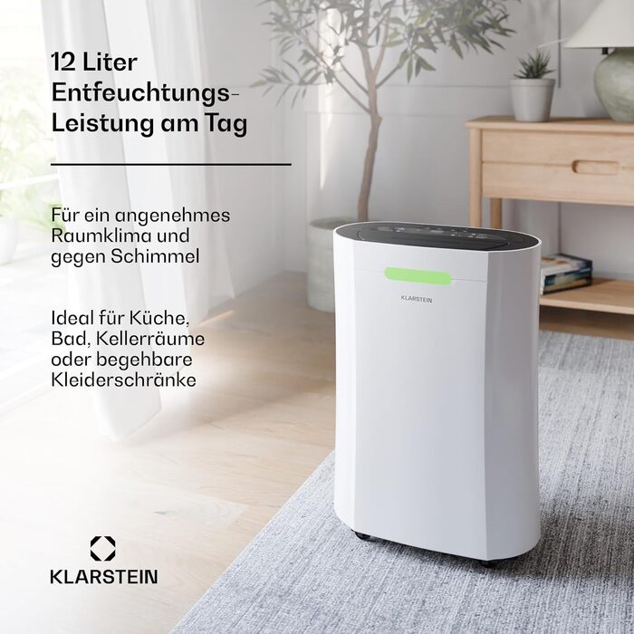 Klarstein AeroDry Smart 12л електросушарка - 12л/день, 2.5л резервуар, 39дБ, WiFi/App/Alexa, LED дисплей, таймер 24г, вугільний фільтр, для приміщень до 18м², преміум якість