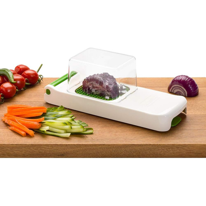 ALLIGATOR 3002 - 3-in-1 Multifunction Cutter - Vegetable, Onion, and French Fry Cutter - 3 Interchangeable Blades - 3x3 mm, 6x6 mm, 12x12 mm - BPA-free - White and Green