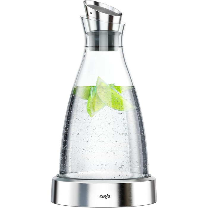 Emsa 505219 Flow Chilling Carafe | Elegant Design | Cooling performance for 4h | Cooling pad | Glass and stainless steel | Transparent | 1 Liter, 14 x 14 x 30 cm