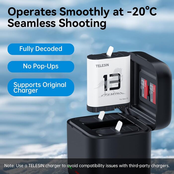 Telesin 2 шт. акумулятори Enduro + зарядний пристрій для GoPro Hero 13 Black. Запасні акумулятори з швидкою зарядкою, сумісні з GoPro 13 Black. Комплект: 2 акумулятори + 1 зарядний пристрій