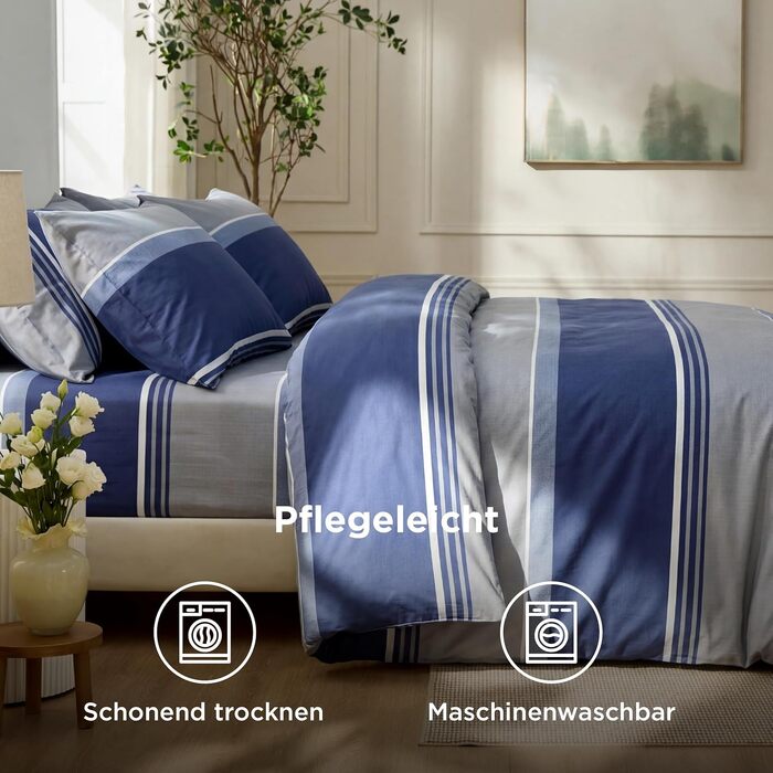 Комплект постільної білизни BEDSURE 200x200 см, 3 предмети, бавовна, з двостороннім рослинним принтом та блискавкою, OEKO-TEX, джинсовий синій
