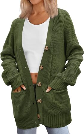 Жіночий в'язаний кардиган Zeagoo з довгим рукавом, вільний крій, V-подібний виріз, грубий в'язання, на кнопках, для осені/зими (зелений, S)
