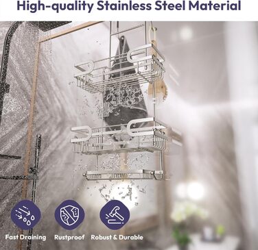 Настінна поличка для душу SWTYMIKI з нержавіючої сталі, сірого кольору - 2 корзини, 2 мильниці, 14 гачків