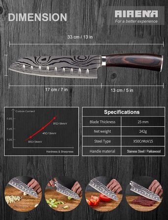 Японський ніж Santoku AIRENA, 7 дюймів (17.8 см), професійний кухонний ніж з високоякісної сталі D2, ергономічна ручка, для дому та кухні