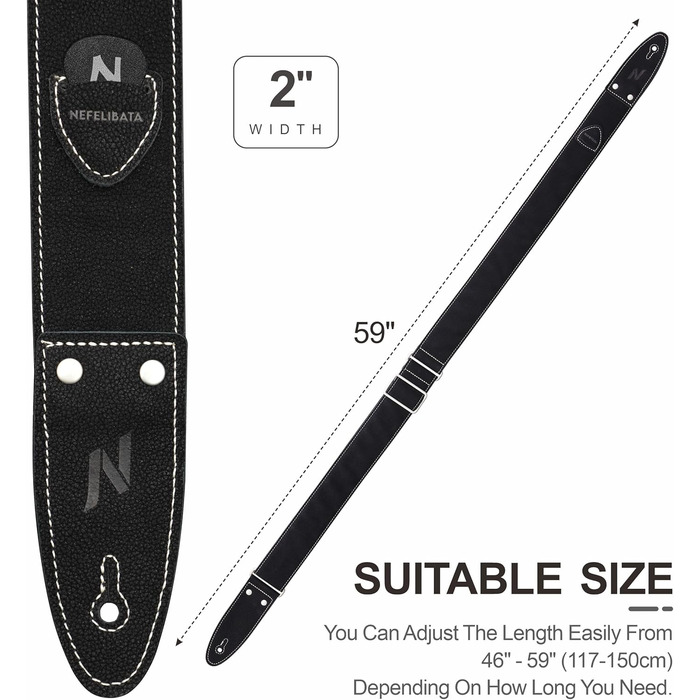 Гітарний ремінь Nefelibata з повного нубуку, з кишенькою для медіатора, для бас-гітари, електрогітари та акустичної гітари, з медіаторами, кнопками та замками (Чорний Зірка)
