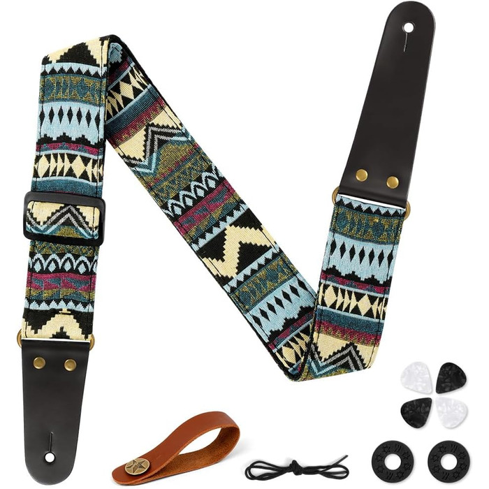 Гітарний ремінь Vintage з вишитою бавовною, регульований, з шкіряними кінцями, для бас-гітари, електро- та акустичної гітари, з кнопкою та 2 фіксаторами, 4 медіатори #1 смужка