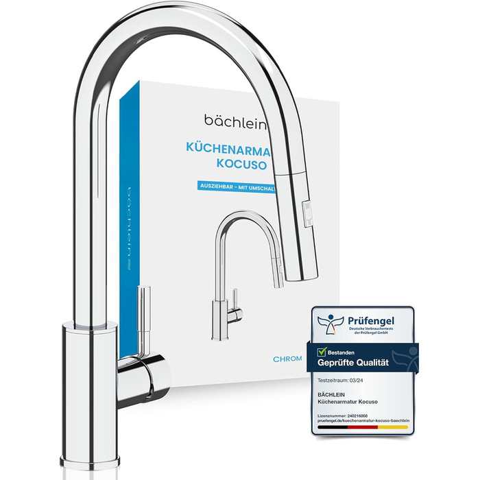 Кухонний змішувач Bächlein Plivo з нержавіючої сталі з висувним виливом, 360° обертання, для кухні, масивний, нержавіюча сталь