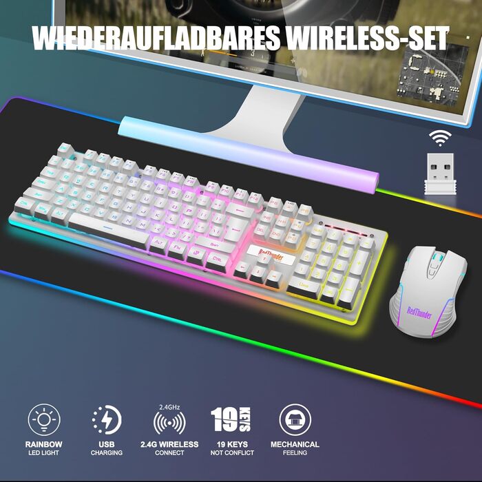 RedThunder K10 Бездротовий Ігровий Набір Клавіатури та Миші, QWERTZ DE Розкладка, 3000mA Батарея, 3200 DPI для Геймерів (Білий)