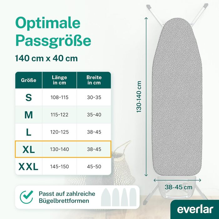 Everlar® Преміум чохол для прасувальної дошки 120x40 см, виготовлений у Німеччині, OEKO-TEX® 100, комфортне покриття, сумісний з парогенераторами (XL, сірий з білими крапками)