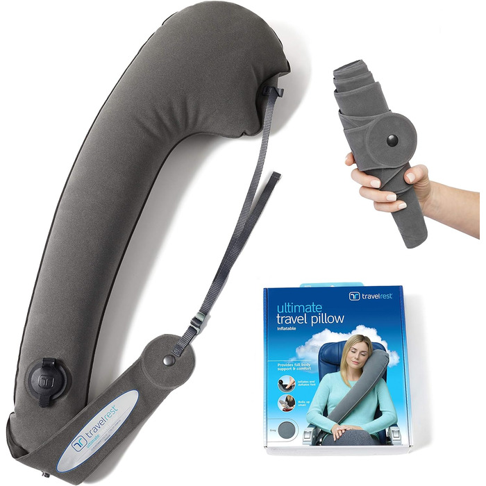 Travelrest Ultimate Travel Pillow for Neck and Body, Airplane and Car Seats, Inflatable, Space-Saving, for Sleeping on Long Flights, Naps on Road Trips, for Car and Bus Travel, Gray