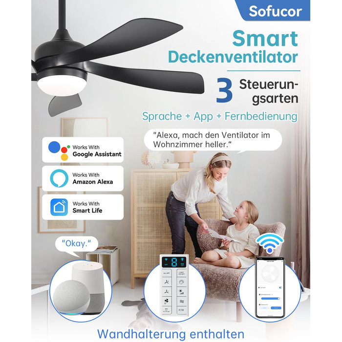 Стельовий вентилятор Sofucor Smart з підсвічуванням 132 см, сумісний з Alexa/APP, пульт, 3 режими світла, таймер, 6 швидкостей, тихий DC для вітальні (Чорний)