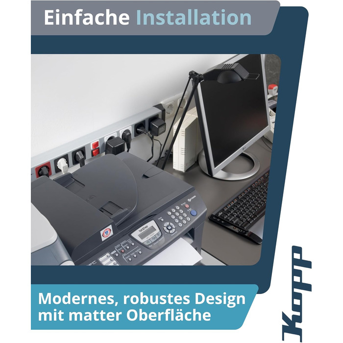 Steckdosenleiste Kopp POWERversal 10-fach, срібно-чорна, IP20, 1.4м, 90° кут, захист від дотику