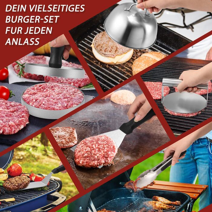 Набір для приготування Smash Burger: прес, дзвоники, лопатка, щипці та сумка для зберігання (8 предметів)