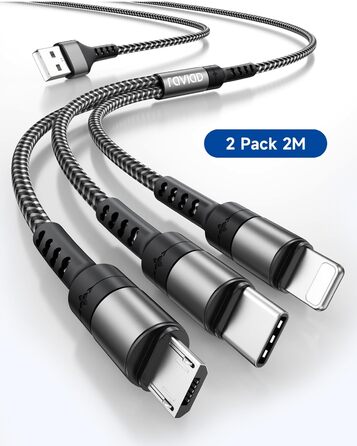 Мульти USB кабель RAVIAD 3 в 1 (2 шт x 2м) для iPhone, Samsung, Huawei та інших – сірий