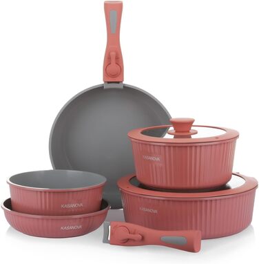 Набір каструль Kasanova Eaziclip 9 шт. з керамічним покриттям, індукційні, знімні ручки, антипригарні, рожевий
