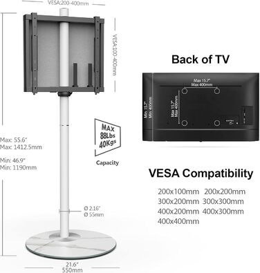 FITUEYES Adjustable Height & Swivel TV Stand for 32-60 inch TVs - White, VESA 400x400