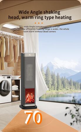 Електрична теплова гармата з пультом керування 2000W, 23 дюйми, 70° осциляція, 3D-полум'я, LED-дисплей, ECO-режим, таймер 12 годин - для дому, колір сріблястий