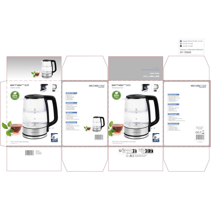 Електричний чайник EMERIO з об'ємом 1.7 л, синя LED-підсвітка, 360° підставка, скло Borosilikat, без BPA | WK-119988.7