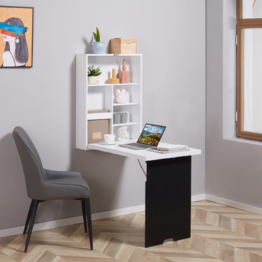 HOMCOM Wall Table Folding Desk with 5 Compartments, White and Black Board, 60x94.5x147cm, Space-Saving for Home Office