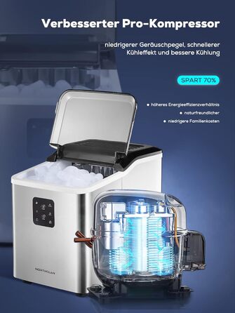 NORTHCLAN Stainless Steel Ice Maker - 14kg Capacity, 2 Sizes, Self-Cleaning, Fast Ice Production, LED Display, 2L Tank, Includes Scoop & Basket