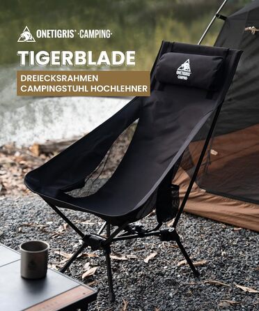 Стілець для кемпінгу OneTigris TIGERBLADE з високою спинкою, 170 кг, складний, легкий, з трикутним каркасом, для риболовлі, з 2 кишенями, для відпочинку на природі, пікніків, туризму (чорний)