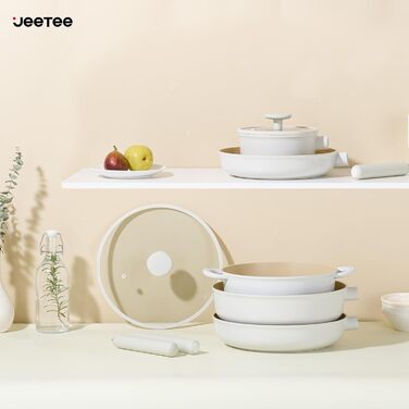 Набір посуду JEETEE 17 предметів з антипригарним покриттям Ceramic, знімні ручки. Комплект каструль та сковорідок 16/20/24/28 см, глибока сковорода 28 см. Підходить для всіх типів плит, можна використовувати в духовці.
