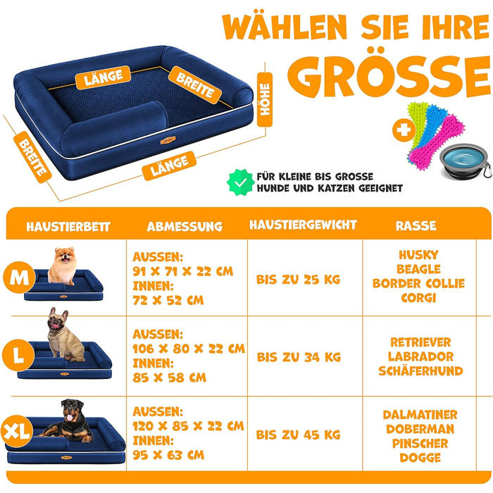 Ортопедичне ліжко для собак з подушкою та мискою, 3 іграшки, лежанка для собак маленьких, середніх та великих порід, знімний та пральний чохол, 106x80x22 см, Navyblau L (106 x 80 x 25 см) Navyblau