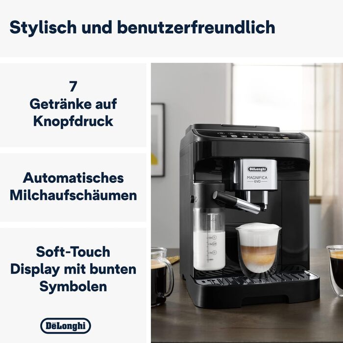 Кавомашина De'Longhi Magnifica Evo ECAM 292.81.B з LatteCrema, 7 прямих кнопок, 2-купові, чорна