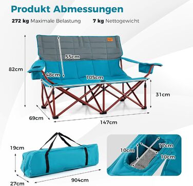 Крісло для кемпінгу Costway: складане, з регульованими підлокітниками, тримачами для напоїв та сумкою, вантажопідйомність 272 кг, для відпочинку, риболовлі, пікніків (зелене, блакитне)