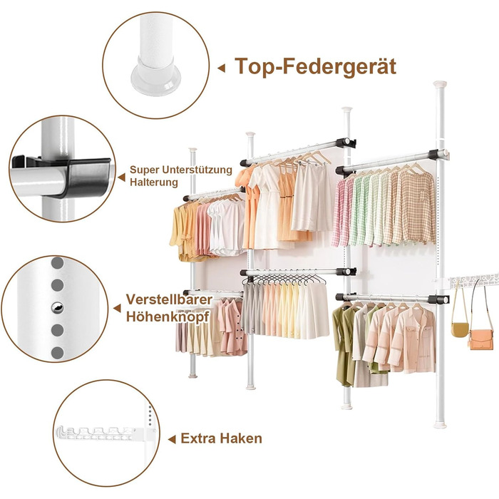 Телескопічна система для гардеробу, штанга для одягу зі 6 штангами, телескопічна шафа для одягу з 2 гачками, регульована полиця 110-300 см, для дому та магазину одягу, білий