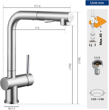 Змішувач кухонний CECIPA Hochdruck, висувний, з дозатором води, чорний, нержавіюча сталь, 360° поворот, ×207B (L-подібний, для високого тиску)