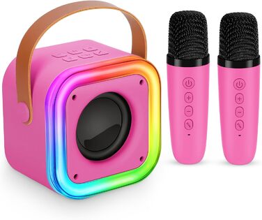 Караоке машина Spinosaurus для дітей з 2 мікрофонами, Bluetooth, LED-підсвічування, портативна колонка (рожева)