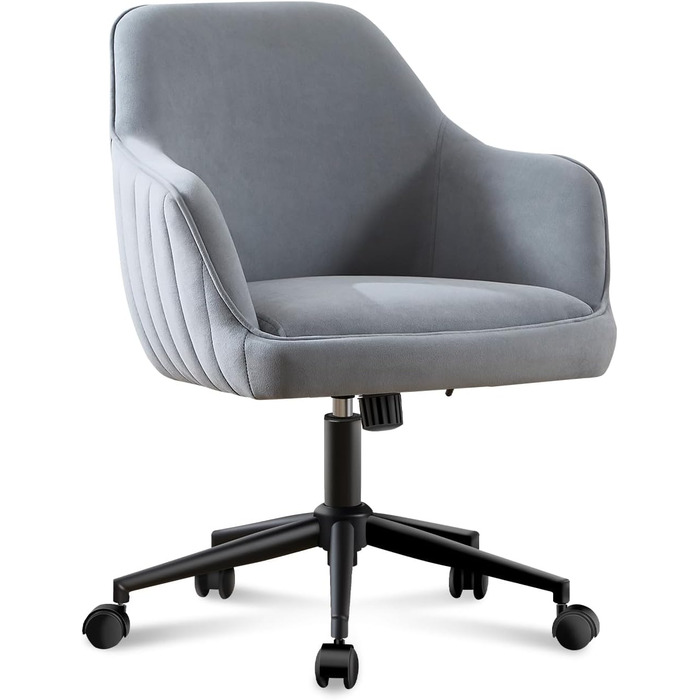 Офісний стілець для дому та офісу до 136 кг, обертовий, оксамитовий, з підлокітниками та колесами, ергономічний, зручний для жінок та дівчат, регульована висота, спальня, домашній офіс (Сірий, Оксамит)