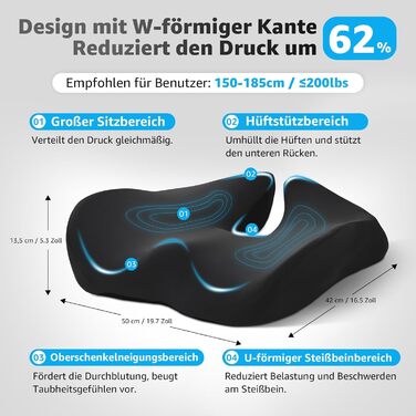 Ортопедична подушка для сидіння BRO Extra Großes з чохлом Ice Silk, Memory Foam. Ергономічна подушка для підтримки куприка для офісного крісла, авто та інвалідного візка.