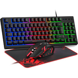 Ігровий набір клавіатури та миші, QWERTZ DE, 75% TKL, RGB, провідна, ергономічна, 4 кольори LED, великий килимок, USB, Plug & Play для ПК
