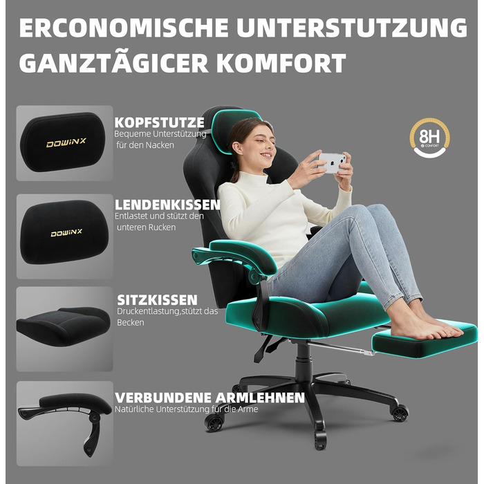 Ігровий крісло Dowinx з кишеньковим пружинним блоком, ергономічне, з масажем, з підголівником та підніжкою, для ігор та офісу (Чорний, Титан)