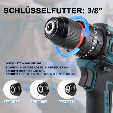 Акумуляторний ударний дриль-шуруповерт сумісний з Makita 18V, 13 мм, безщітковий, 35+3 ступені крутного моменту, 90 Н.м, 2 регульовані ступені, акумуляторний шуруповерт з 3 аксесуарами (без акумулятора) (10 мм для Bosch 18V)