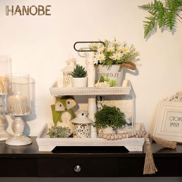 Hanobe Decorative Table Tray Etagere Wood: White Washed Wood Tray Large Rectangular with 2 Tiers Farmhouse Decorative Tray Vintage Shabby Serving Tray for Home Coffee Corner Bathroom