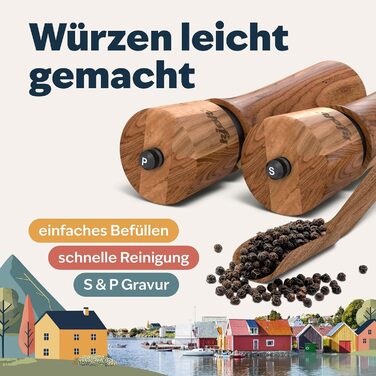 köc Premium Salt and Pepper Mill - Solid Acacia Wood with Coaster, Cleaning Brush and Funnel - Wooden Mill Set with Ceramic Grinder - Salt and Pepper Mill Father's Day Gift
