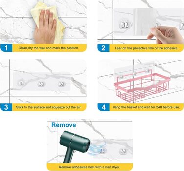 Self-adhesive shower shelf, no drilling required, bathroom organizer, 5 pieces, stainless steel shelves with soap holder and toothbrush holder, pink bathroom accessory decor set