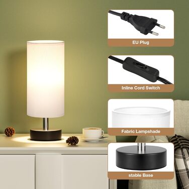 Нічна лампа Kakanuo з 3 колірними температурами, біла, з вимикачем, абажур з льону, для вітальні, спальні, офісу, дитячої кімнати (LED лампа в комплекті), колір A-білий+чорний